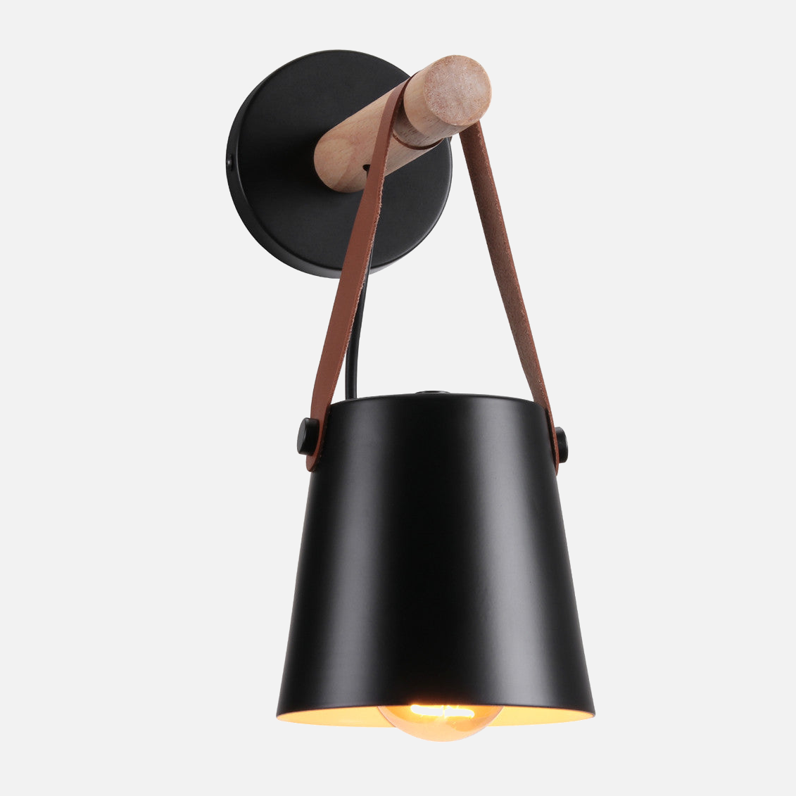Industrial Sconce with Adjustable Cone Shade & Leather Strap for Bedroom Hallway Reading Task Lighting Wood Iron E27 Socket