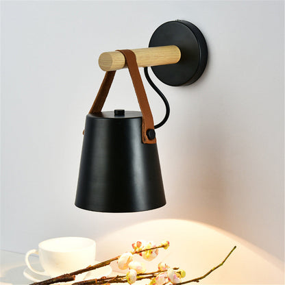 Industrial Sconce with Adjustable Cone Shade & Leather Strap for Bedroom Hallway Reading Task Lighting Wood Iron E27 Socket