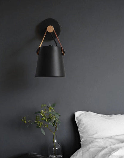 Industrial Sconce with Adjustable Cone Shade & Leather Strap for Bedroom Hallway Reading Task Lighting Wood Iron E27 Socket