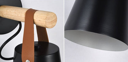 Industrial Sconce with Adjustable Cone Shade & Leather Strap for Bedroom Hallway Reading Task Lighting Wood Iron E27 Socket