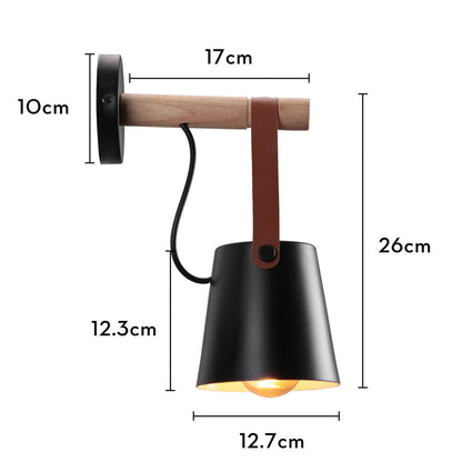 Industrial Sconce with Adjustable Cone Shade & Leather Strap for Bedroom Hallway Reading Task Lighting Wood Iron E27 Socket