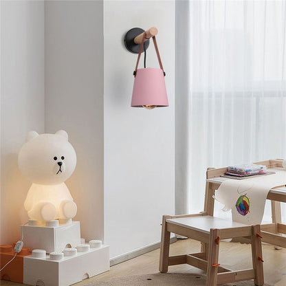 Industrial Sconce with Adjustable Cone Shade & Leather Strap for Bedroom Hallway Reading Task Lighting Wood Iron E27 Socket