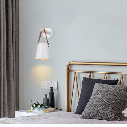 Industrial Sconce with Adjustable Cone Shade & Leather Strap for Bedroom Hallway Reading Task Lighting Wood Iron E27 Socket