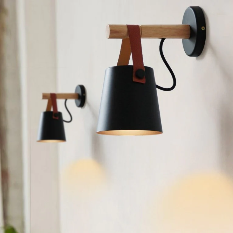 Industrial Sconce with Adjustable Cone Shade & Leather Strap for Bedroom Hallway Reading Task Lighting Wood Iron E27 Socket