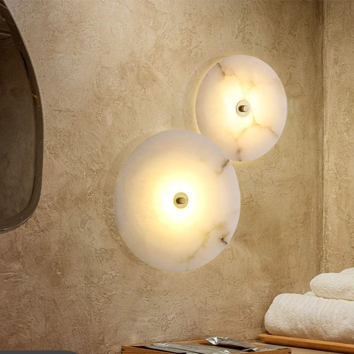 Round Alabaster Sconce LED Warm Glow Indoor Natural Stone Circle Fixture Iron Frame Bedroom Hallway Living Room Ambient Lighting 12.6 Inch