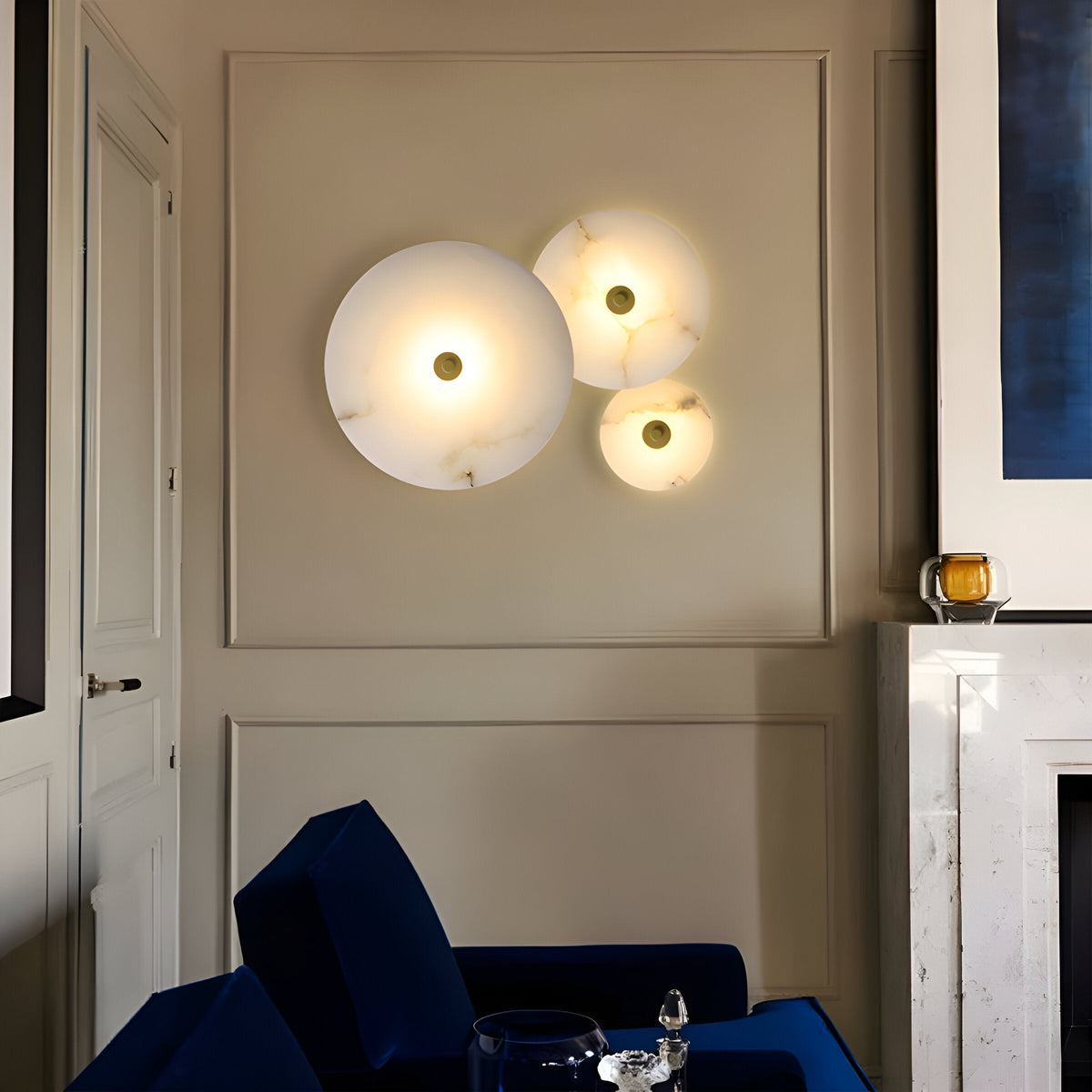 Round Alabaster Sconce LED Warm Glow Indoor Natural Stone Circle Fixture Iron Frame Bedroom Hallway Living Room Ambient Lighting 12.6 Inch
