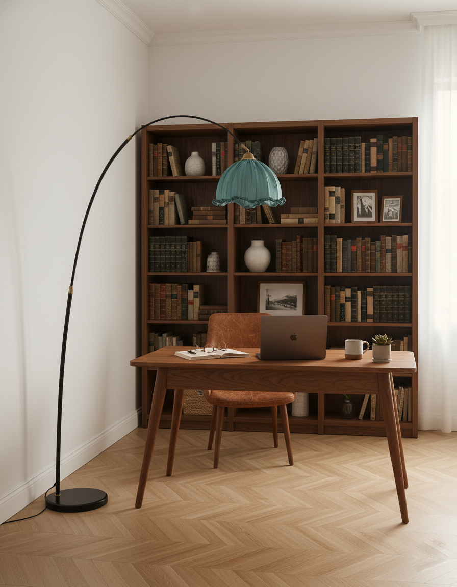 Lampadaire arche moderne avec abat-jour en tissu et pied en métal noir | Éclairage élégant pour salon