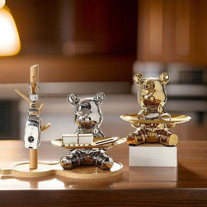 Modern Decorative Tray for Coffee Table - Ceramic Bear Figurine, Stylish Storage Solution for Home Décor