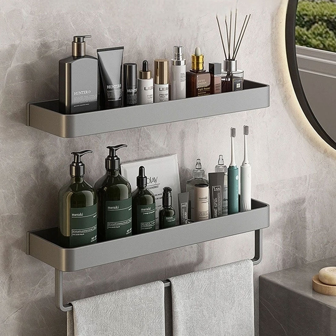 Modern Floating Bathroom Shelves with Self-Adhesive Mounting and Towel Holder – Stylish Storage Solution