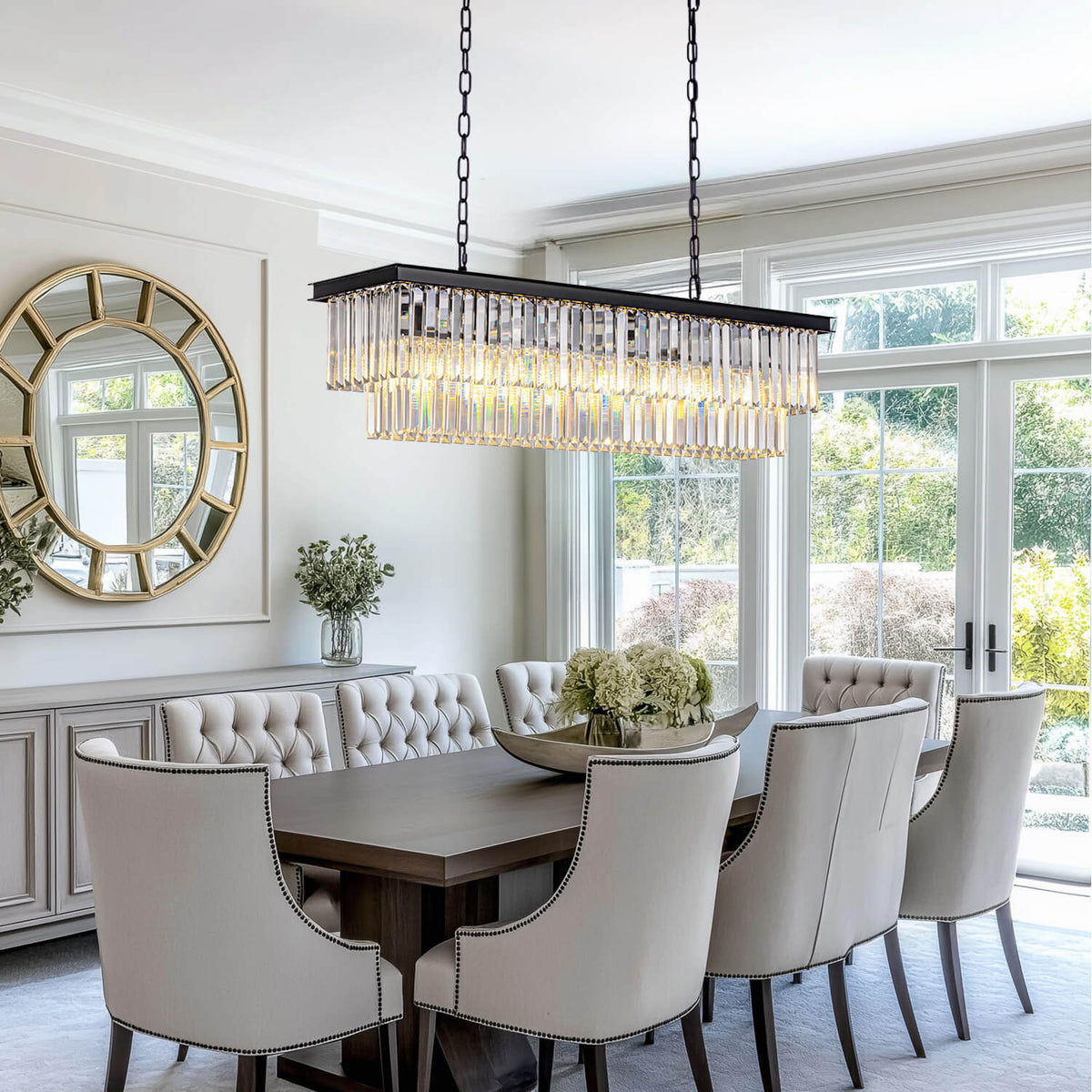 Rectangular Black Metal Crystal Chandelier with E12 Candelabra Sockets for Dining Room and Kitchen Island Lighting