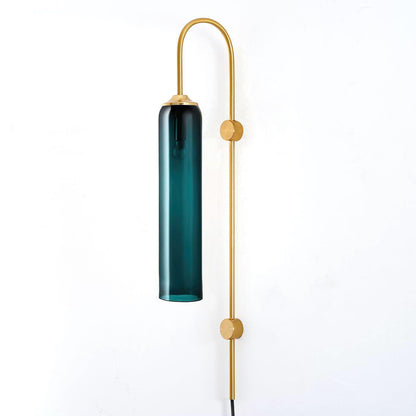Cylindrical Glass Wall Sconce with 59 in Plug-In Cord for Bedrooms and Living Rooms | Modern Vertical Fixture Gold Metal Frame E27 Socket In