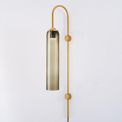 Cylindrical Glass Wall Sconce with 59 in Plug-In Cord for Bedrooms and Living Rooms | Modern Vertical Fixture Gold Metal Frame E27 Socket In