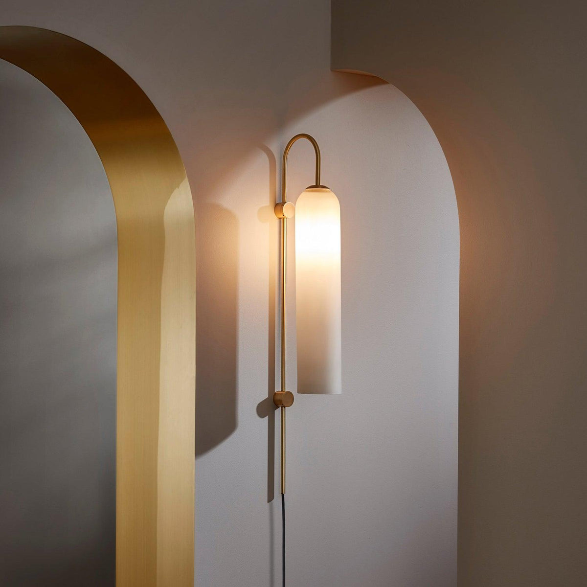 Cylindrical Glass Wall Sconce with 59 in Plug-In Cord for Bedrooms and Living Rooms | Modern Vertical Fixture Gold Metal Frame E27 Socket In