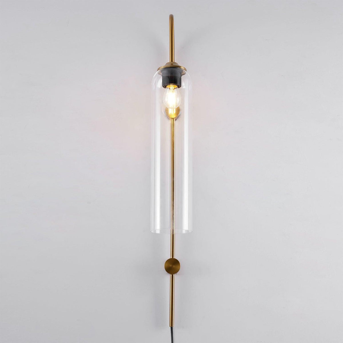 Cylindrical Glass Wall Sconce with 59 in Plug-In Cord for Bedrooms and Living Rooms | Modern Vertical Fixture Gold Metal Frame E27 Socket In