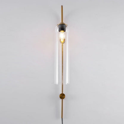 Cylindrical Glass Wall Sconce with 59 in Plug-In Cord for Bedrooms and Living Rooms | Modern Vertical Fixture Gold Metal Frame E27 Socket In