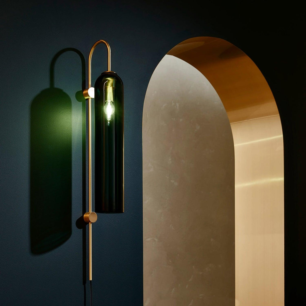 Cylindrical Glass Wall Sconce with 59 in Plug-In Cord for Bedrooms and Living Rooms | Modern Vertical Fixture Gold Metal Frame E27 Socket In