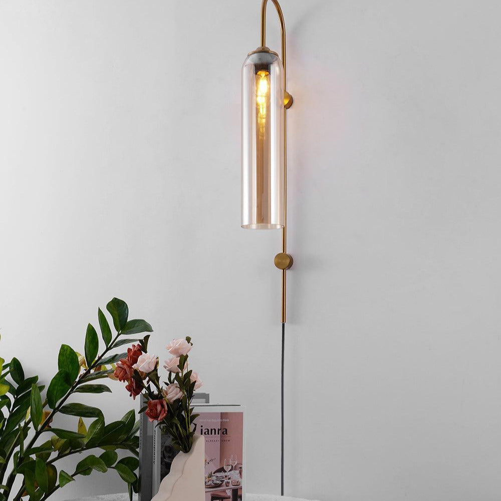 Cylindrical Glass Wall Sconce with 59 in Plug-In Cord for Bedrooms and Living Rooms | Modern Vertical Fixture Gold Metal Frame E27 Socket In