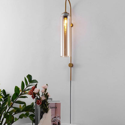 Cylindrical Glass Wall Sconce with 59 in Plug-In Cord for Bedrooms and Living Rooms | Modern Vertical Fixture Gold Metal Frame E27 Socket In