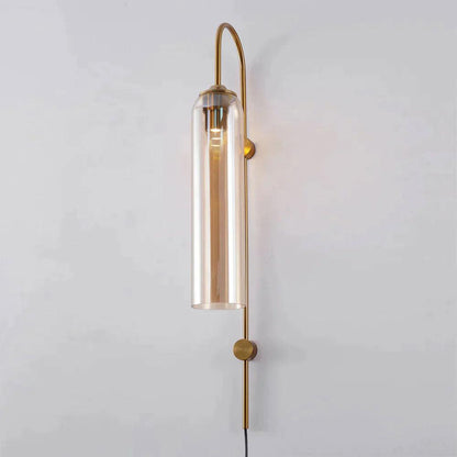 Cylindrical Glass Wall Sconce with 59 in Plug-In Cord for Bedrooms and Living Rooms | Modern Vertical Fixture Gold Metal Frame E27 Socket In