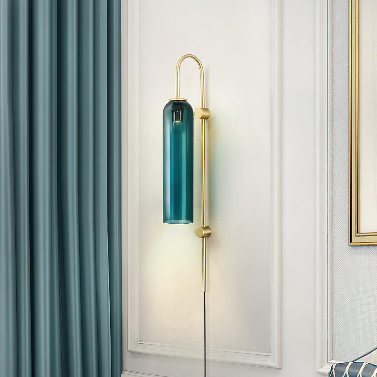 Cylindrical Glass Wall Sconce with 59 in Plug-In Cord for Bedrooms and Living Rooms | Modern Vertical Fixture Gold Metal Frame E27 Socket In