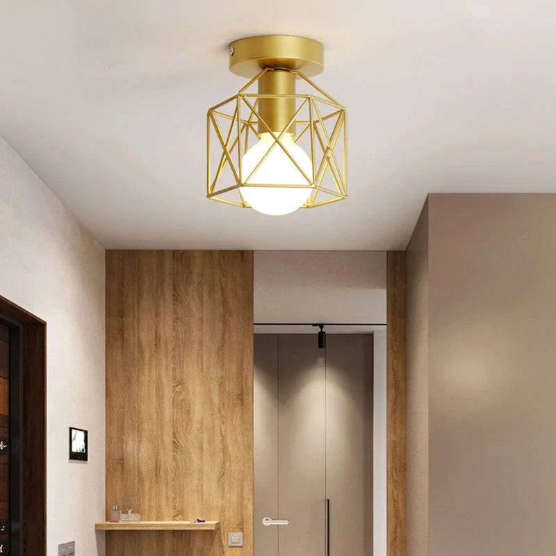 Modern Gold Ceiling Light | Geometric Metal Cage Design with Compact Versatility | Elegant Fixture for Sophisticated Spaces