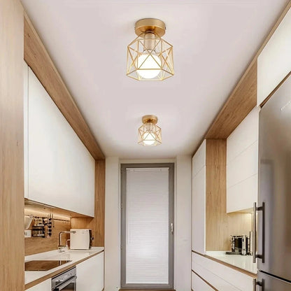 Modern Gold Ceiling Light | Geometric Metal Cage Design with Compact Versatility | Elegant Fixture for Sophisticated Spaces
