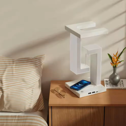 Lampe de table moderne avec design à tenségrité flottante et station de charge sans fil – Lampe de bureau et de chevet élégante
