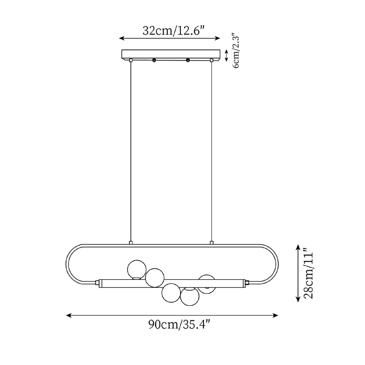 Linear Pendant Light Fixture 35.4 Inch with Frosted Glass Globes for Dining Table Kitchen Island Brass Wood Finish Adjustable Height 5-Bulb
