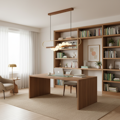 Linear Pendant Light Fixture 35.4 Inch with Frosted Glass Globes for Dining Table Kitchen Island Brass Wood Finish Adjustable Height 5-Bulb