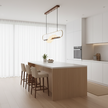 Linear Pendant Light Fixture 35.4 Inch with Frosted Glass Globes for Dining Table Kitchen Island Brass Wood Finish Adjustable Height 5-Bulb