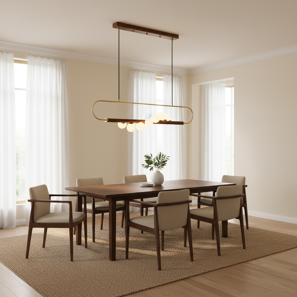 Linear Pendant Light Fixture 35.4 Inch with Frosted Glass Globes for Dining Table Kitchen Island Brass Wood Finish Adjustable Height 5-Bulb