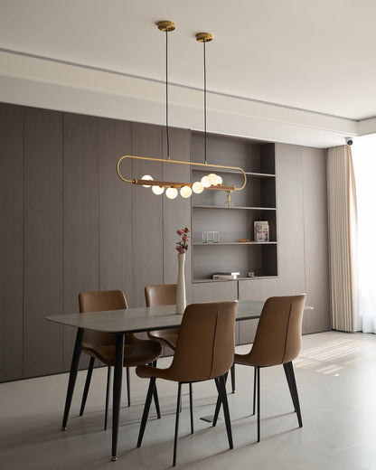 Linear Pendant Light Fixture 35.4 Inch with Frosted Glass Globes for Dining Table Kitchen Island Brass Wood Finish Adjustable Height 5-Bulb