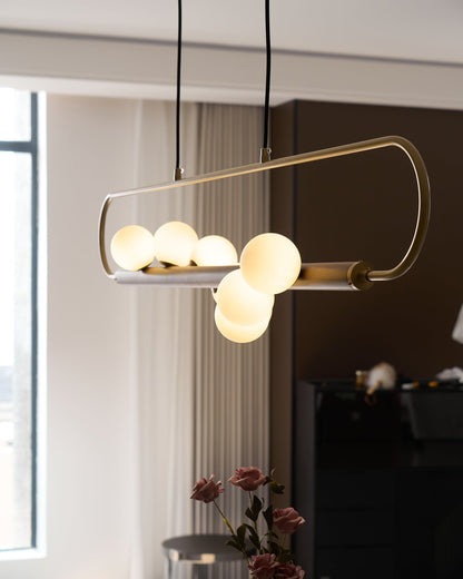 Linear Pendant Light Fixture 35.4 Inch with Frosted Glass Globes for Dining Table Kitchen Island Brass Wood Finish Adjustable Height 5-Bulb
