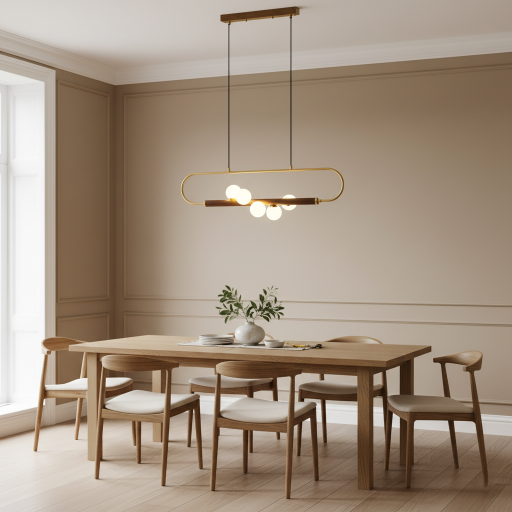 Linear Pendant Light Fixture 35.4 Inch with Frosted Glass Globes for Dining Table Kitchen Island Brass Wood Finish Adjustable Height 5-Bulb