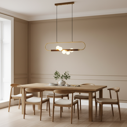 Linear Pendant Light Fixture 35.4 Inch with Frosted Glass Globes for Dining Table Kitchen Island Brass Wood Finish Adjustable Height 5-Bulb