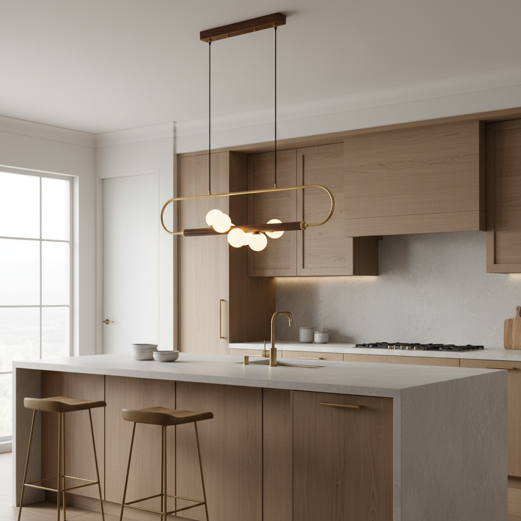 Linear Pendant Light Fixture 35.4 Inch with Frosted Glass Globes for Dining Table Kitchen Island Brass Wood Finish Adjustable Height 5-Bulb