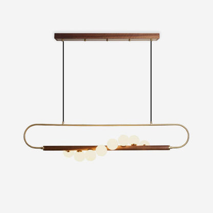 Linear Pendant Light Fixture 35.4 Inch with Frosted Glass Globes for Dining Table Kitchen Island Brass Wood Finish Adjustable Height 5-Bulb