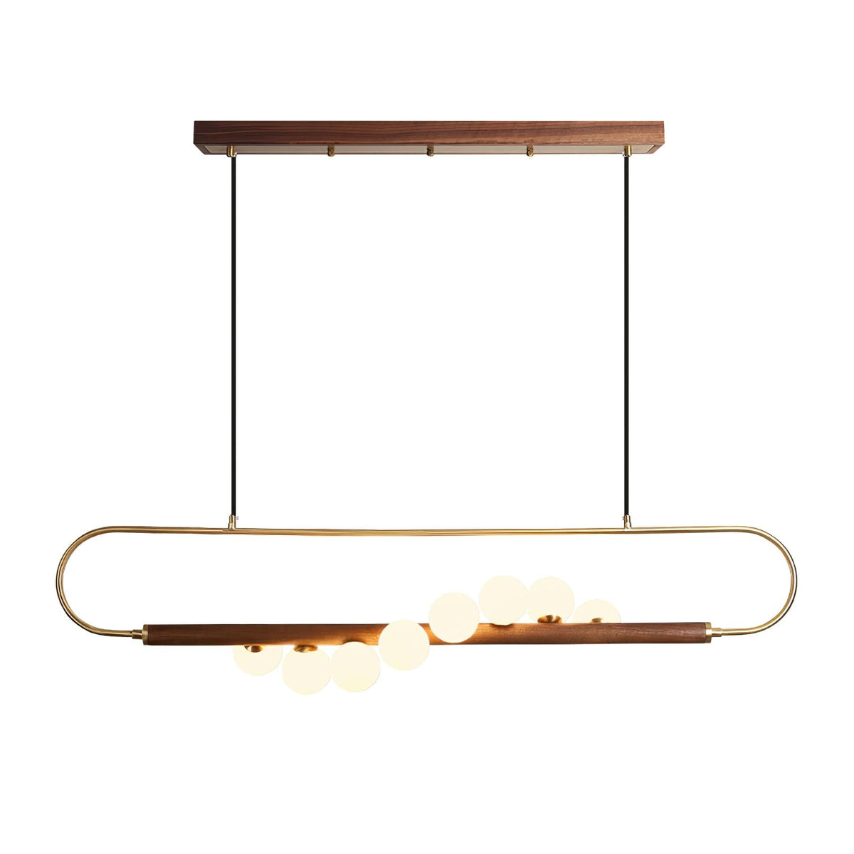 Linear Pendant Light Fixture 35.4 Inch with Frosted Glass Globes for Dining Table Kitchen Island Brass Wood Finish Adjustable Height 5-Bulb