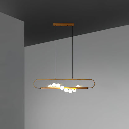 Linear Pendant Light Fixture 35.4 Inch with Frosted Glass Globes for Dining Table Kitchen Island Brass Wood Finish Adjustable Height 5-Bulb