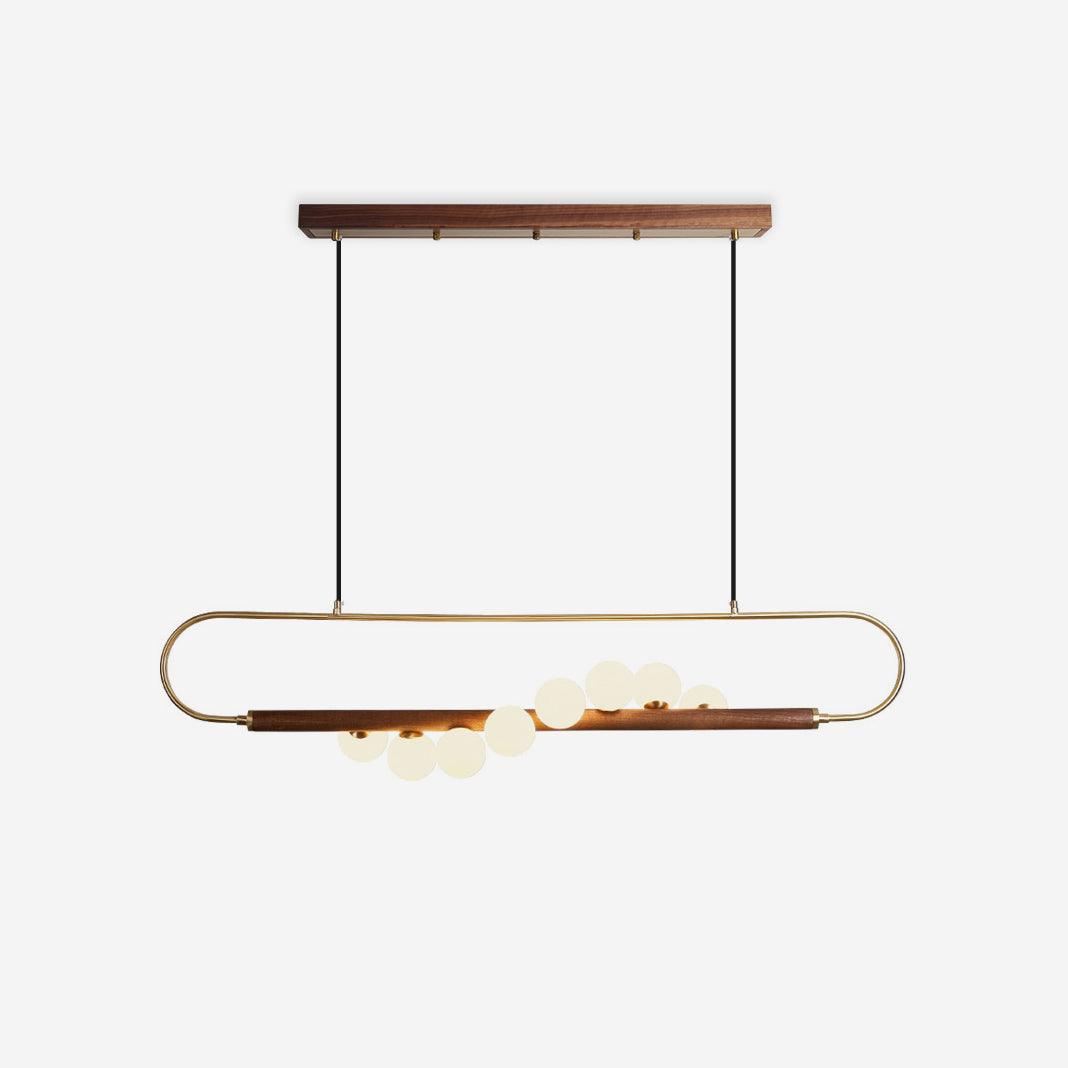 Linear Pendant Light Fixture 35.4 Inch with Frosted Glass Globes for Dining Table Kitchen Island Brass Wood Finish Adjustable Height 5-Bulb
