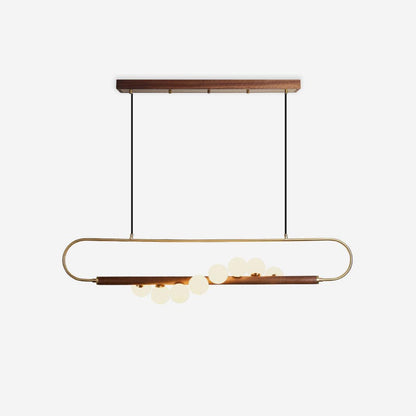 Linear Pendant Light Fixture 35.4 Inch with Frosted Glass Globes for Dining Table Kitchen Island Brass Wood Finish Adjustable Height 5-Bulb