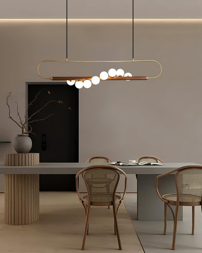 Linear Pendant Light Fixture 35.4 Inch with Frosted Glass Globes for Dining Table Kitchen Island Brass Wood Finish Adjustable Height 5-Bulb
