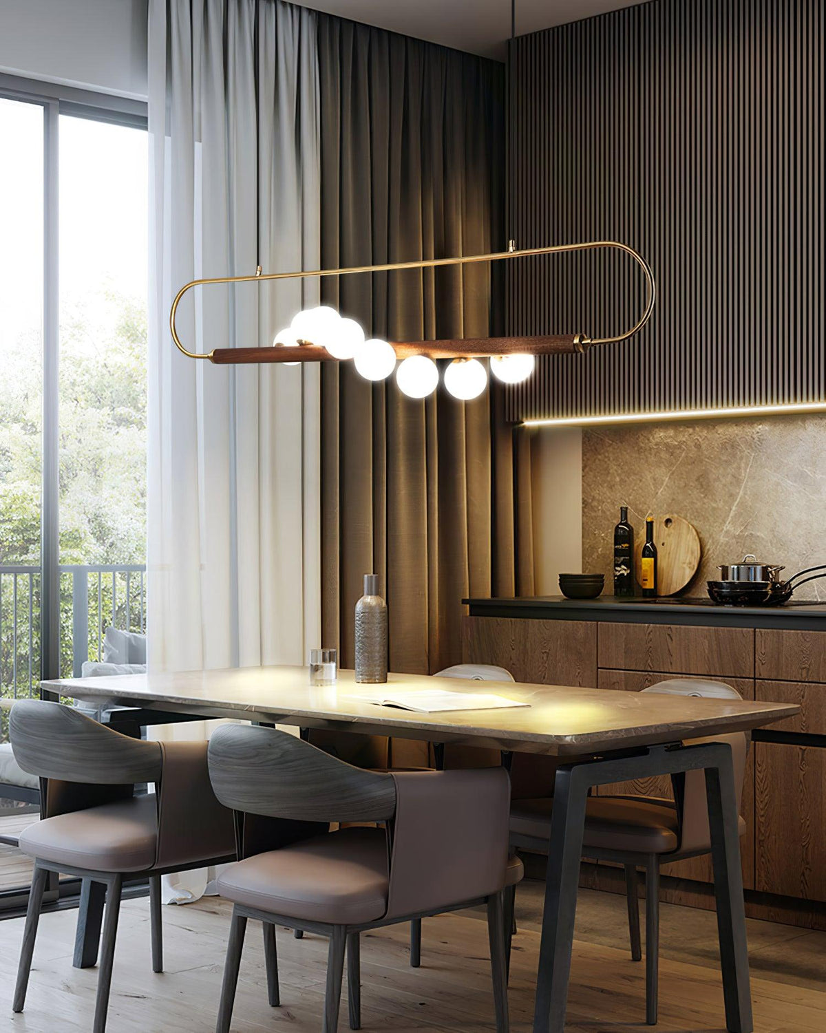 Linear Pendant Light Fixture 35.4 Inch with Frosted Glass Globes for Dining Table Kitchen Island Brass Wood Finish Adjustable Height 5-Bulb