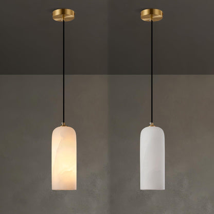 Alabaster Stone Hanging Lamp 10 in Tall White Shade Brass Accent Minimal Pendant for Islands Dining Tables Bedrooms Entryways