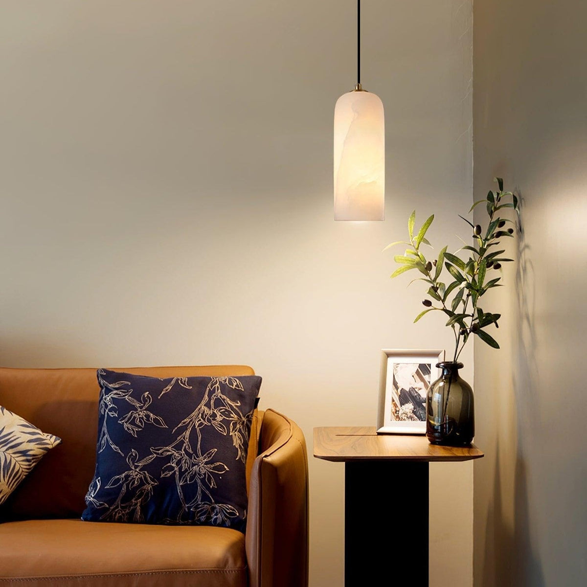 Alabaster Stone Hanging Lamp 10 in Tall White Shade Brass Accent Minimal Pendant for Islands Dining Tables Bedrooms Entryways