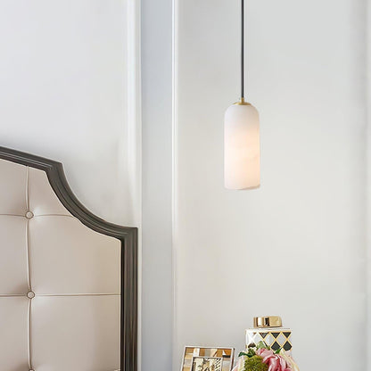 Alabaster Stone Hanging Lamp 10 in Tall White Shade Brass Accent Minimal Pendant for Islands Dining Tables Bedrooms Entryways