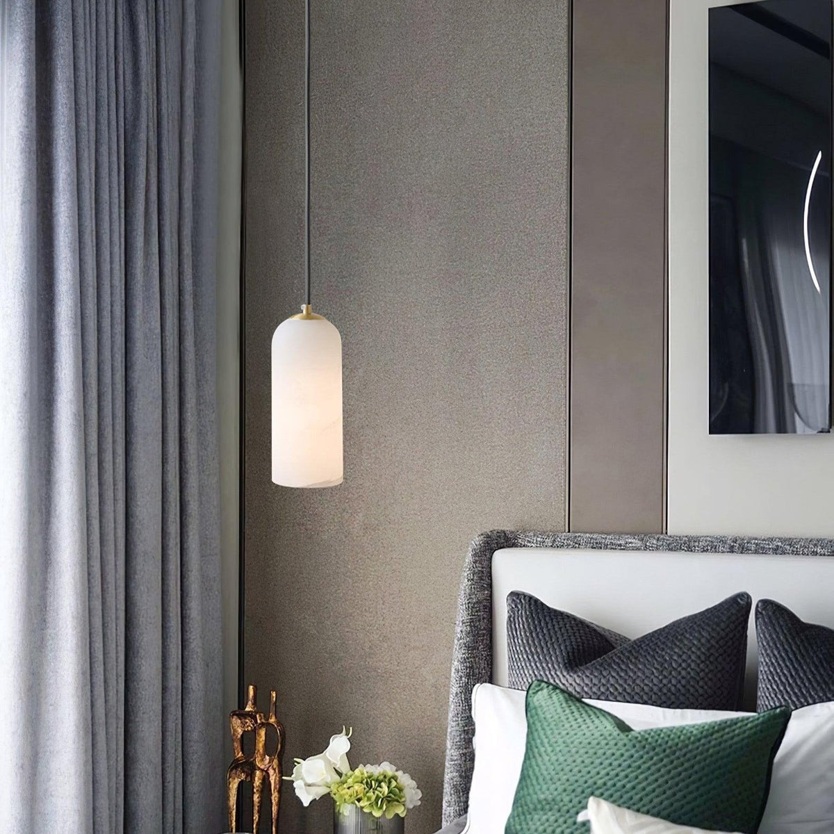 Alabaster Stone Hanging Lamp 10 in Tall White Shade Brass Accent Minimal Pendant for Islands Dining Tables Bedrooms Entryways