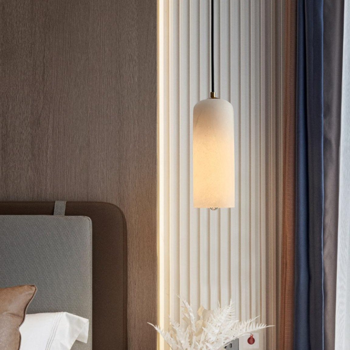 Alabaster Stone Hanging Lamp 10 in Tall White Shade Brass Accent Minimal Pendant for Islands Dining Tables Bedrooms Entryways