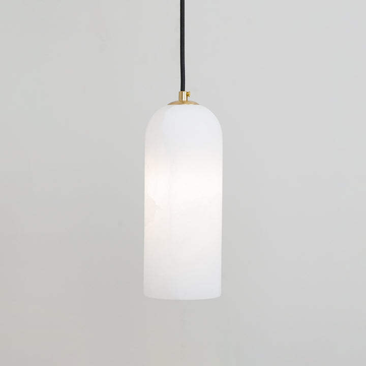Alabaster Stone Hanging Lamp 10 in Tall White Shade Brass Accent Minimal Pendant for Islands Dining Tables Bedrooms Entryways