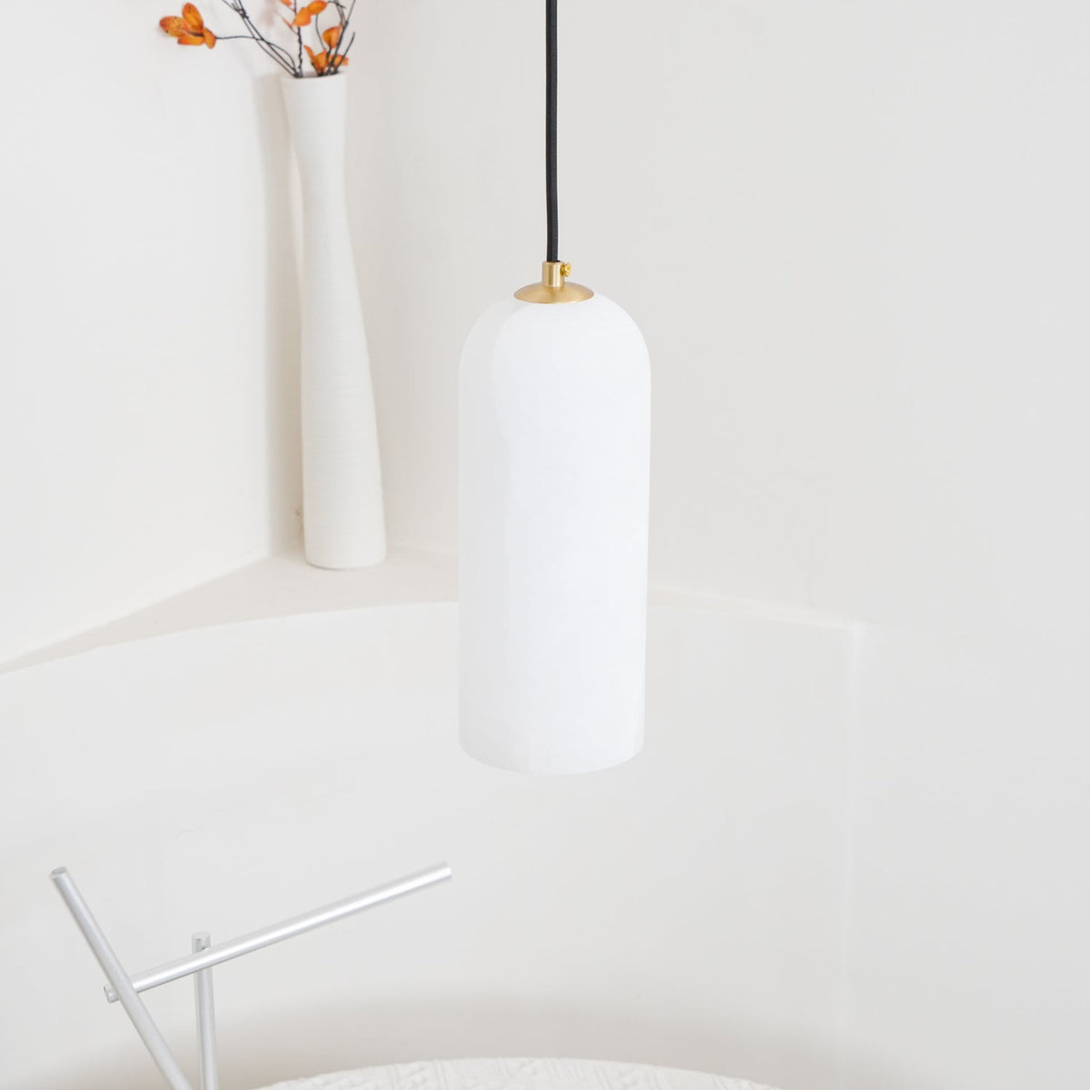 Alabaster Stone Hanging Lamp 10 in Tall White Shade Brass Accent Minimal Pendant for Islands Dining Tables Bedrooms Entryways
